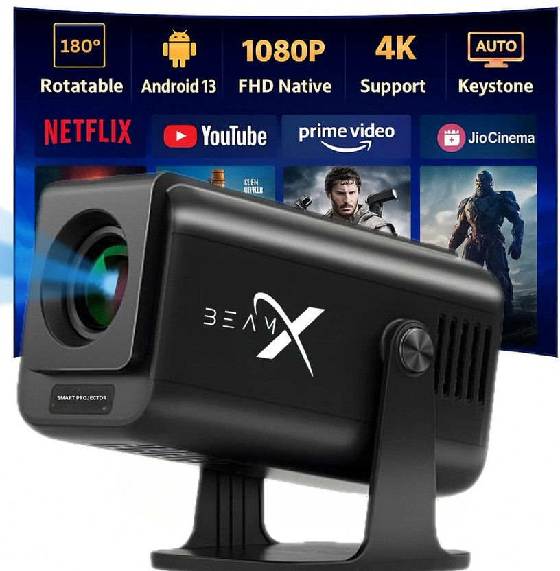 BeamX Thunder Fully Smart Android 13 Projector 4X Brighter 1080P 4KSupport Dust-Filter (11500 lm) Portable Projector(Black)