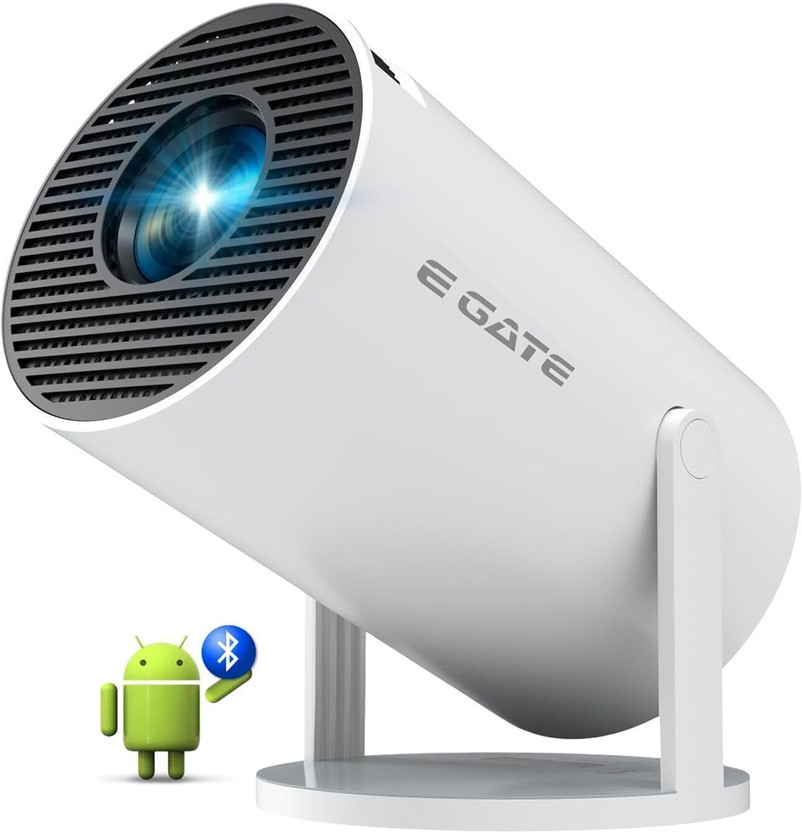 Egate Atom 2X (3500 lm / 1 Speaker / Wireless / Remote Controller) Android 13 | 200 ISO Lumens, 720p Native with 1080p & 4K Support | Manual Focus + Automatic Keystone with Netflix, Prime etc | WiFi 6 & BT, Screen Mirroring | 1GB RAM-8GB ROM Smart Projector(White)