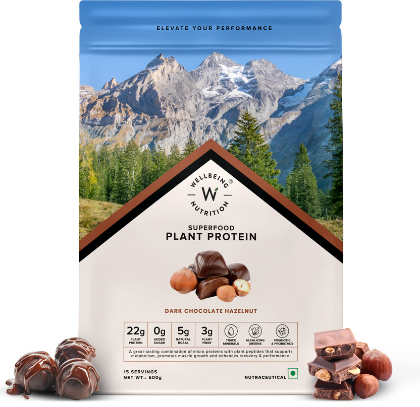 Wellbeing Nutrition Organic Vegan Plant Protein Isolate 22g Protein, 5g BCAA, 3B CFU Probiotics Plant-Based Protein(500 g, Dark Chocolate Hazelnut)