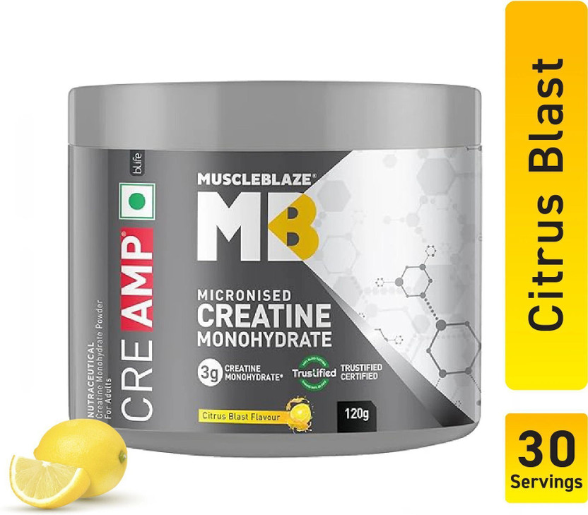 MUSCLEBLAZE Micronised Creatine Monohydrate CreAMP Powder, Trustified Certified Creatine(120 g, Citrus Blast)