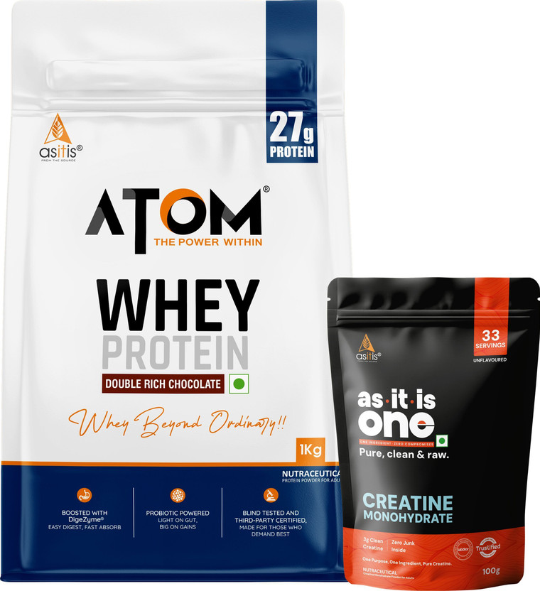 AS-IT-IS Nutrition ATOM Whey Protein Double Rich Chocolate 1kg+ AS-IT-IS Creatine 100g Whey Protein(1100 g, Double Rich Chocolate+Unflavored(Combo))