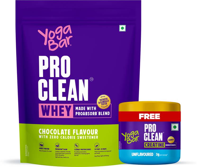 Yogabar Pro Clean Chocolate 0 Calorie Sweetener | Creatine 100g Unflavoured Monohydrate Whey Protein 1007 g, Chocolate Flavor, Unflavored