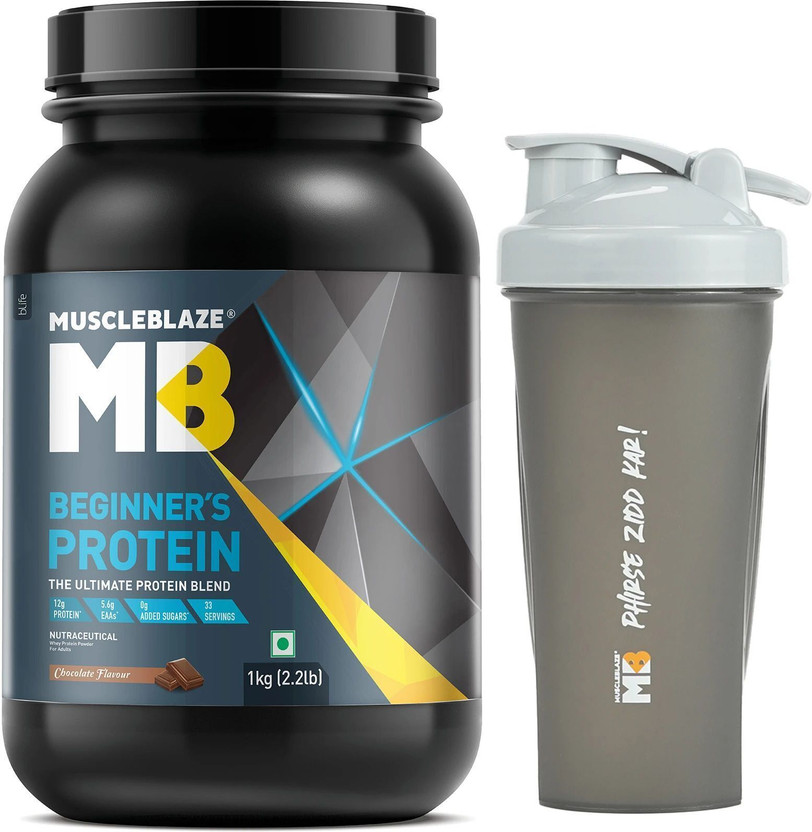 MUSCLEBLAZE Beginner's (Jar Pack), Supplement, 1 kg with 650 ml Shaker Whey Protein(1 kg, Chocolate)