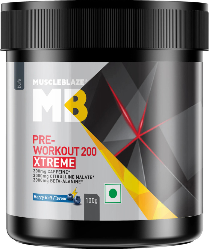 MUSCLEBLAZE 200 Xtreme, 200mg Caffeine, 2000mg Beta Alanine, 3000mg Citrulline Pre Workout(100 g, Berry Bolt)