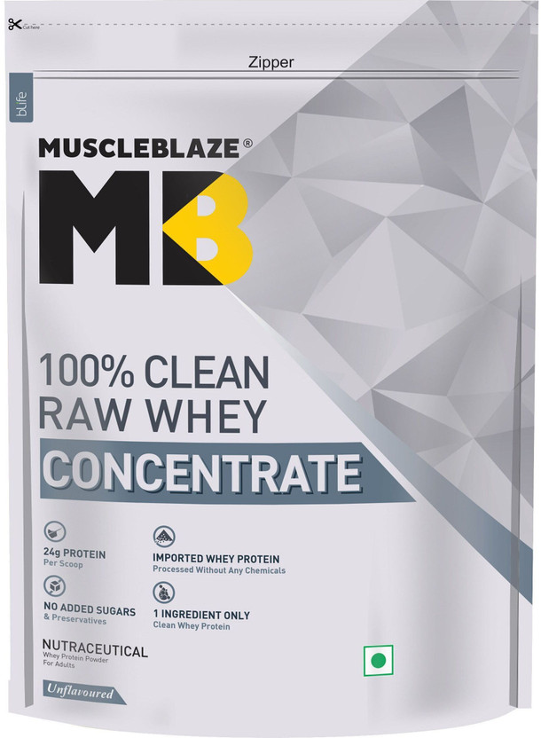 MUSCLEBLAZE 100% Clean Raw Concentrate | 24g Protein per Scoop | Easy to Digest Whey Protein(2 kg, Unflavored)