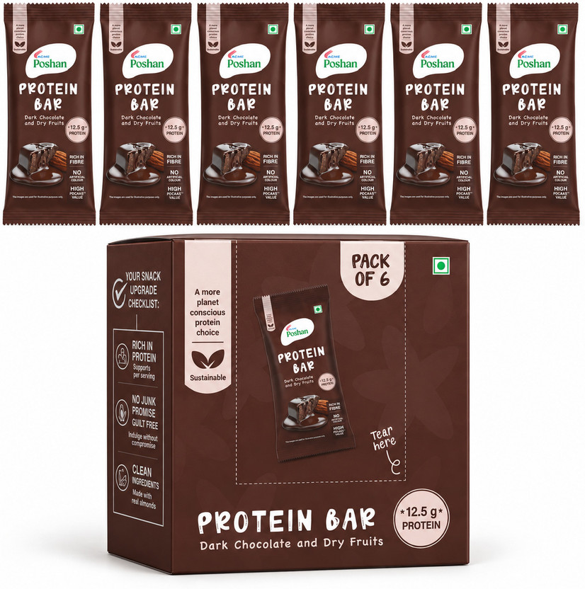 Acme Poshan Protein Bar Dark Chocolate and Dry Fruits 50gms, 12.5gms protein-Pack of 6 Protein Bars(300 g, Dark Chocolate)