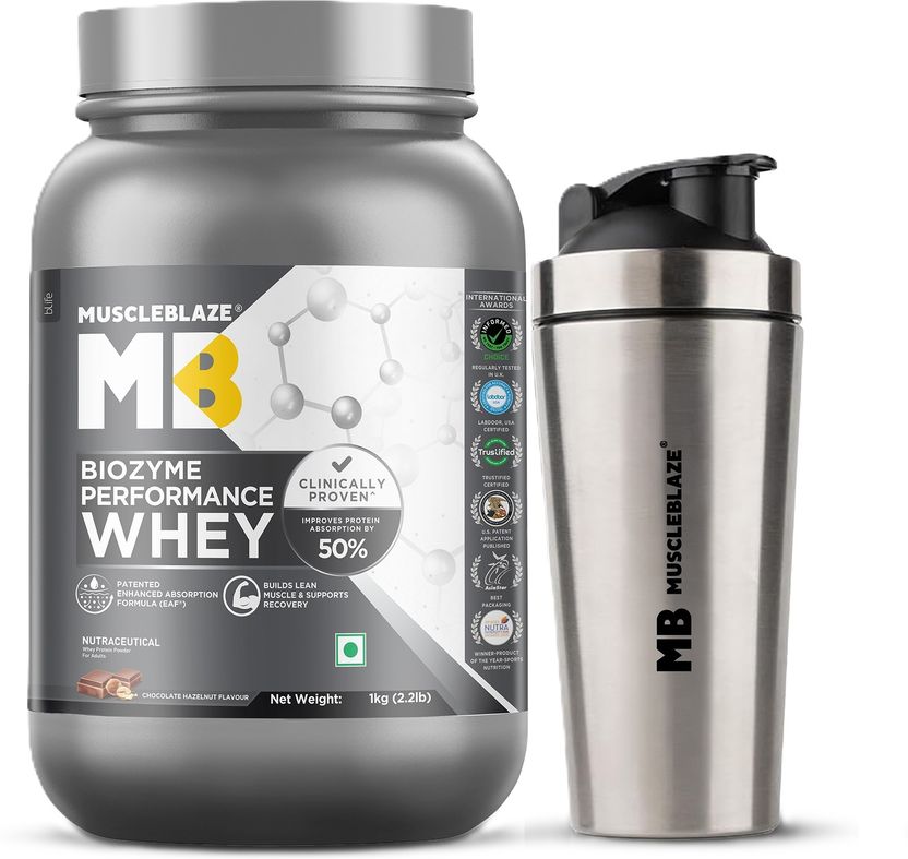 Biozyme Performance Whey Protein Powder, 25g Protein & Gym Steel Shaker Whey Protein