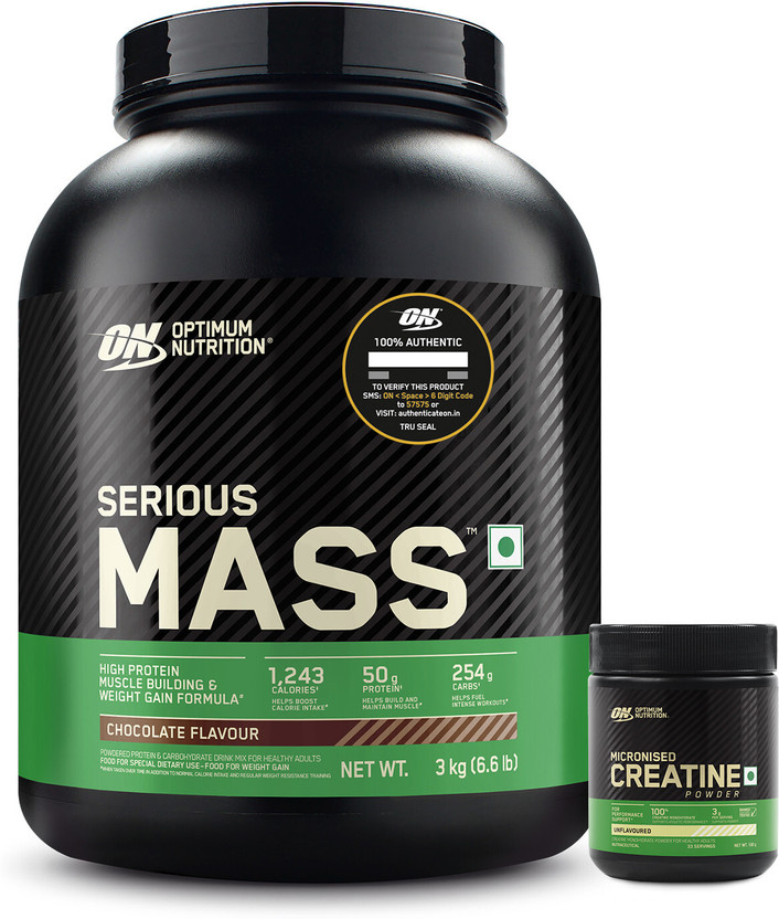 Optimum Nutrition (ON) Serious Mass Weight Gainer 3 Kg + Micronised Creatine 100g unflavored Weight Gainers/Mass Gainers(3100 g, Chocolate)