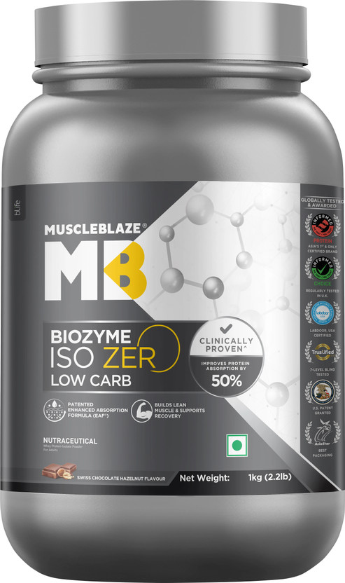 MUSCLEBLAZE Biozyme Iso-Zero, Low Carb Isolate, 27g Per Scoop Whey Protein(1 kg, Swiss Chocolate Hazelnut)