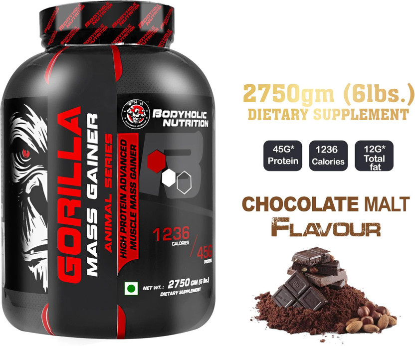 BODYHOLIC NUTRITION GORILLA MASS GAINER HIGH PROTEIN &CALORIES MUSCLE MASS GAIN (6lbs/3KG) Weight Gainers/Mass Gainers(2.75 kg, CHOCOLATE)