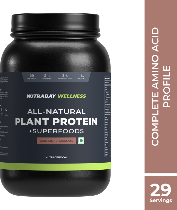Nutrabay Wellness All-Natural Plant Protein Powder + Superfoods Plant-Based Protein(1 kg, Gourmet Chocolate)