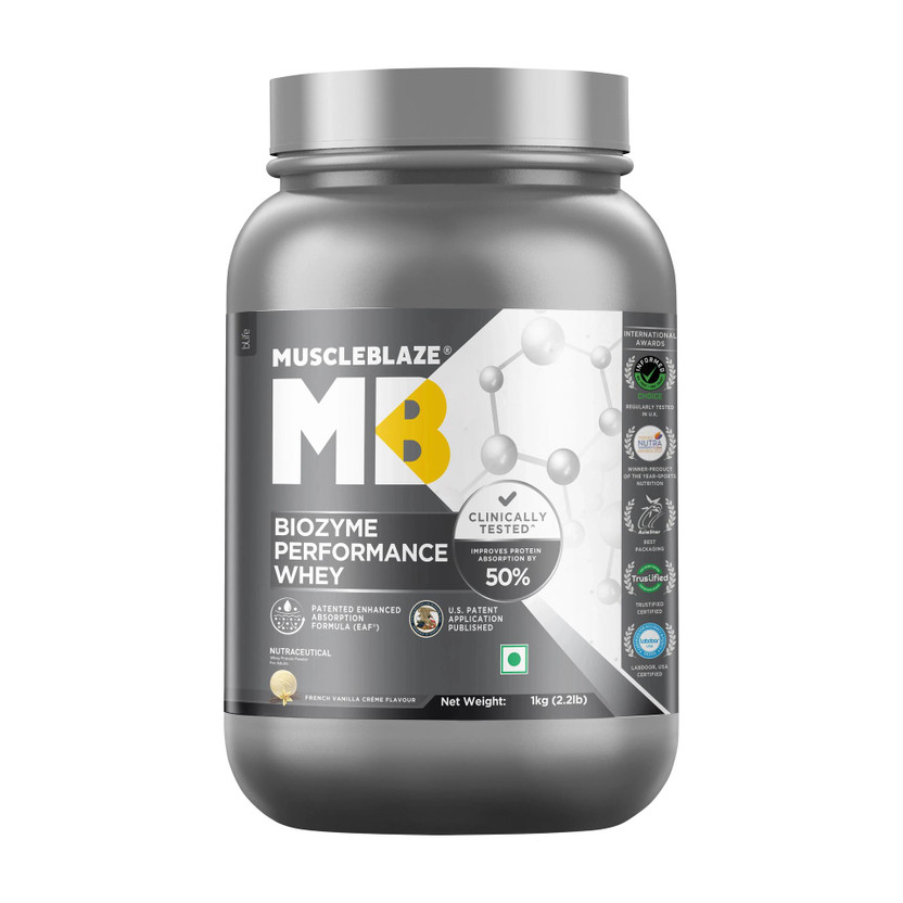 MUSCLEBLAZE Biozyme Performance Whey Protein Powder, 25g Protein Per Scoop Whey Protein(1 kg, French Vanilla Crème)