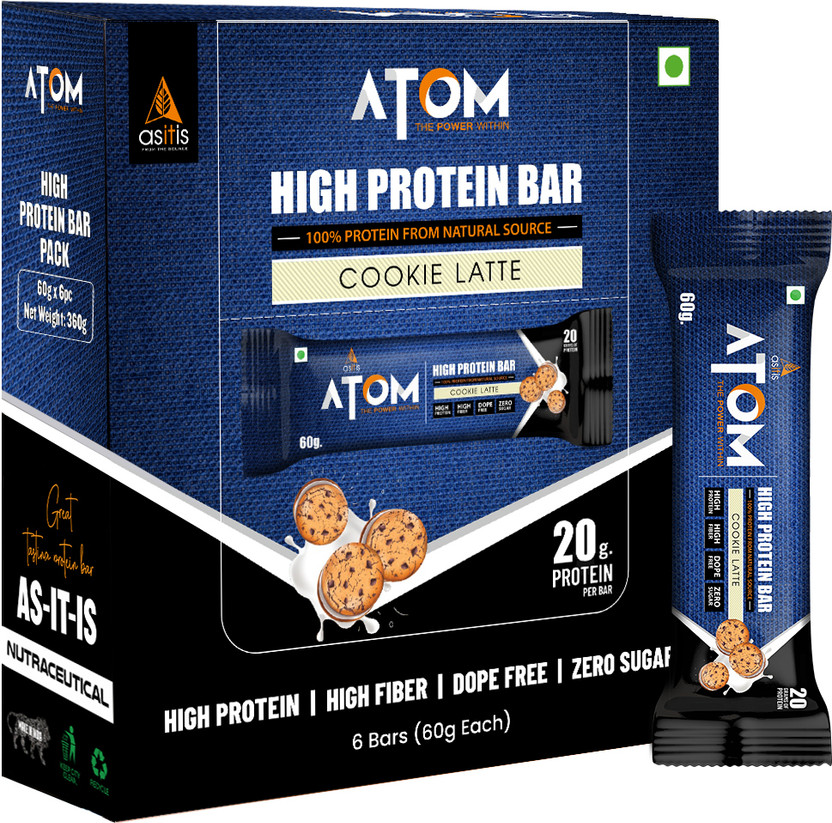 AS-IT-IS Nutrition ATOM High Protein Bar | 20g Protein | Pack of 6 (60g x 6)| Protein Bars(120 g, Cookie Latte)