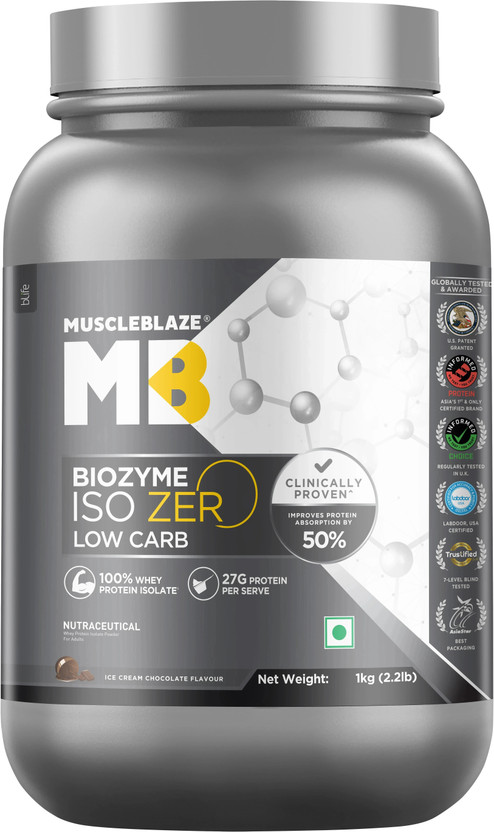 MUSCLEBLAZE Biozyme Iso-Zero, Low Carb Isolate, 27 g Per Scoop Whey Protein(1 kg, Ice Cream Chocolate)