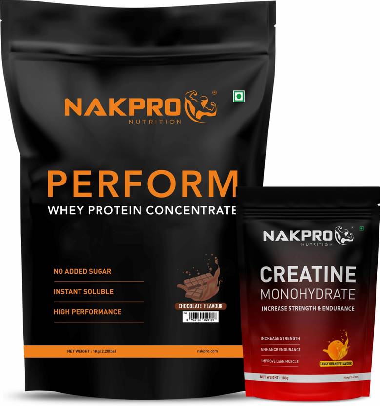 Nakpro Perform Whey Protein Concentrate with Creatine Monohydrate | 100g Creatine + Whey Protein (1.1 kg, Chocolate + Tangy Orange)