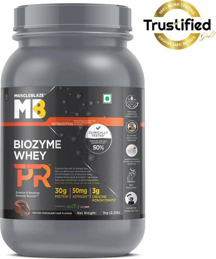 MUSCLEBLAZE Biozyme Whey PR with Creatine Monohydrate & AstraGin Whey Protein(1 kg, Molten Chocolate Cake)
