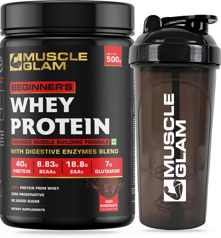 MUSCLEGLAM Beginner's Whey Protein with BCAA, EAA, & Digestive Enzymes with Protein Shaker Whey Protein(500 g, Rich Chocolate)
