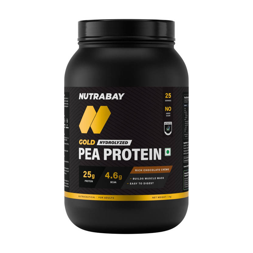 Nutrabay Gold Pea Protein Powder | 25g Pea Protein, 4.6g BCAA, 5g Soluble Fiber Plant-Based Protein(1 kg, Rich Chocolate Creme)