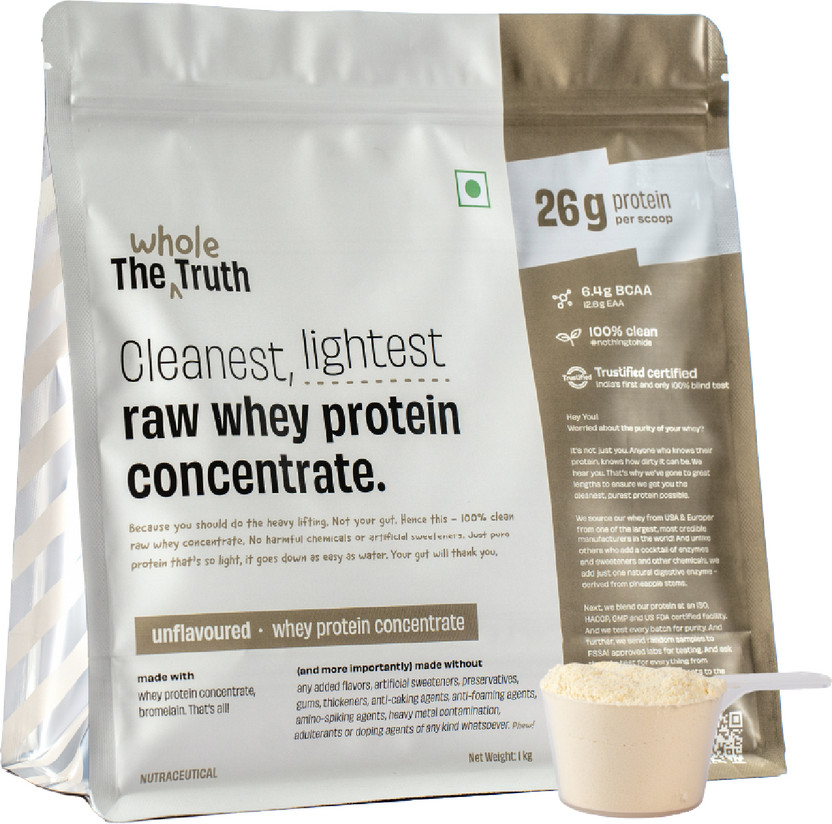 The Whole Truth Whey Protein Unflavoured Concentrate|26g Protein/scoop|6.4g BCAA|100% Authentic Whey Protein(1 kg, Unflavoured Concentrate 26g)