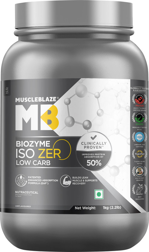 MUSCLEBLAZE Biozyme Iso-Zero, Low Carb Isolate, 27 g Per Scoop Whey Protein(1 kg, Unflavoured)