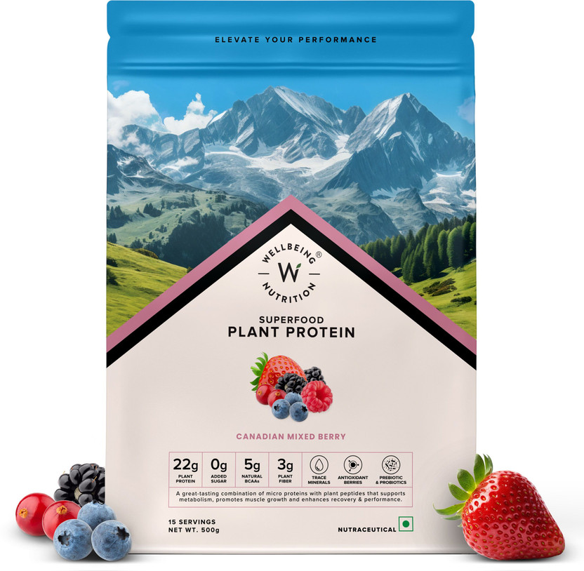 Wellbeing Wellbeing Nutrition Organic Vegan Plant Protein Isolate Powder Prebiotics & CFU Probiotics 5g BCAA Plant-Based Protein(500 g, Canadian Mixed Berry) - Flipkart Deal