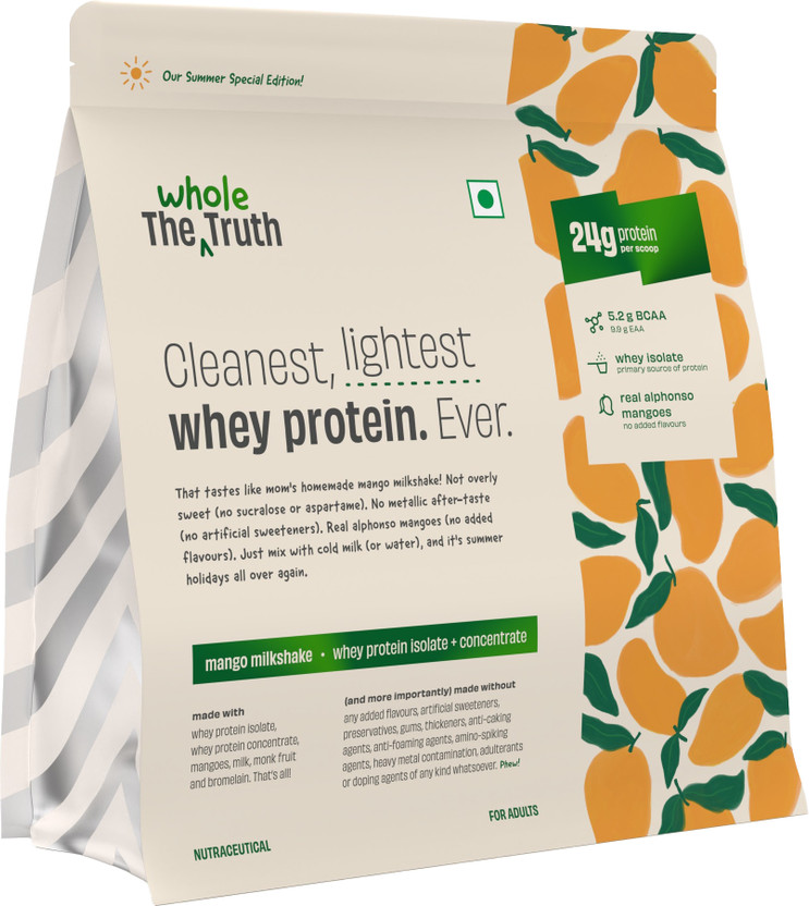 The Whole Truth Mango Whey Protein Isolate + Concentrate | 24g Protein/Scoop | 100% Authentic Whey Protein(1 kg, Mango milkshake 24g)