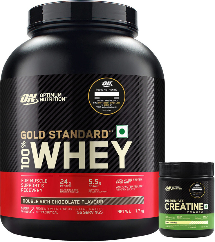 Optimum Nutrition (ON) Gold standard 100% Protein Powder 1.7 Kg + Creatine (100g, Unflavored) Whey Protein(1.8 kg, Double Rich Chocolate)