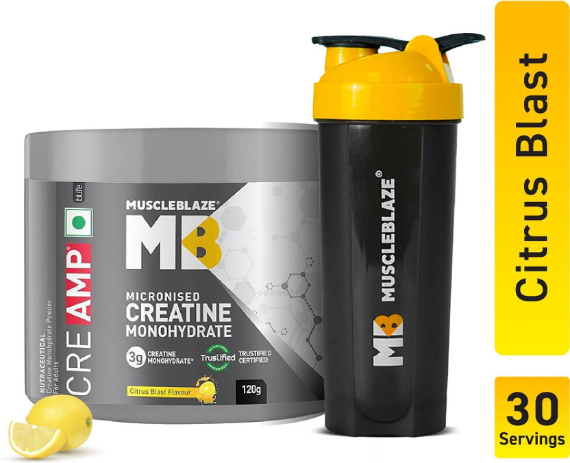 MUSCLEBLAZE Micronised Creatine Monohydrate CreAMP Powder with Shaker, Trustified Certified Creatine(120 g, Citrus Blast)