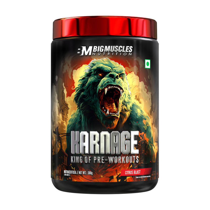 BIGMUSCLES NUTRITION Karnage Preworkout | For Pump, Focus, Energy, Strength & Endurance | 60 Servings Pre Workout(300 g, Citrus Blast)