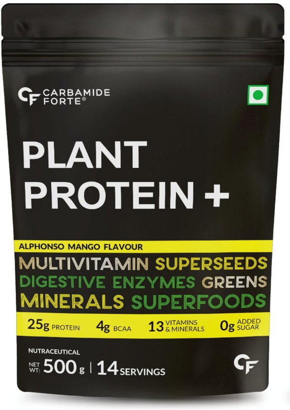 CARBAMIDE FORTE Vegan Pea Protein Powder with Digestive Enzymes - Plant-Based Protein Plant-Based Protein(500 g, Alphonso Mango)