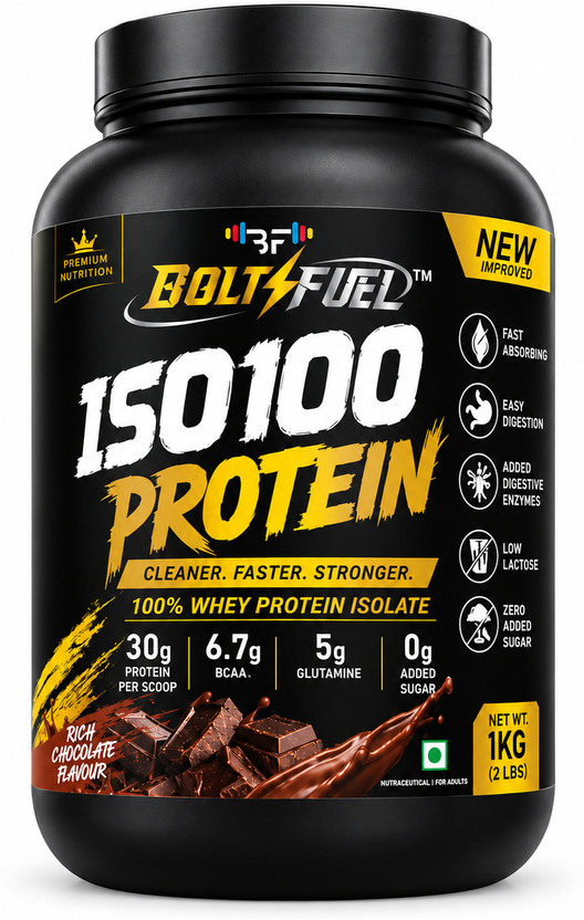 BOLT FUEL ISO100 ISOLATE PROTEIN, 30G Protein, 6.7g BCAA, 5g Glutamine Whey Protein(1 kg, RICH CHOCOLATE)