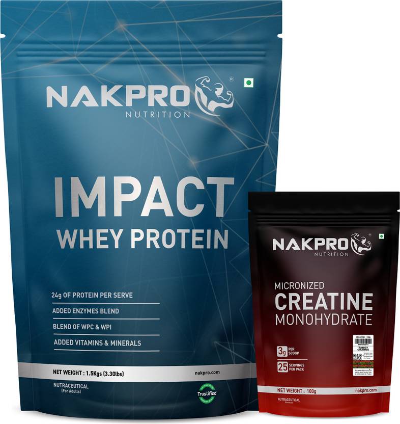 Nakpro Impact Whey Protein Isolate & Concentrate 1.5kg + Creatine Monohydrate 100g | Whey Protein 1.6 kg, Malai Kulfi + Tangy Orange