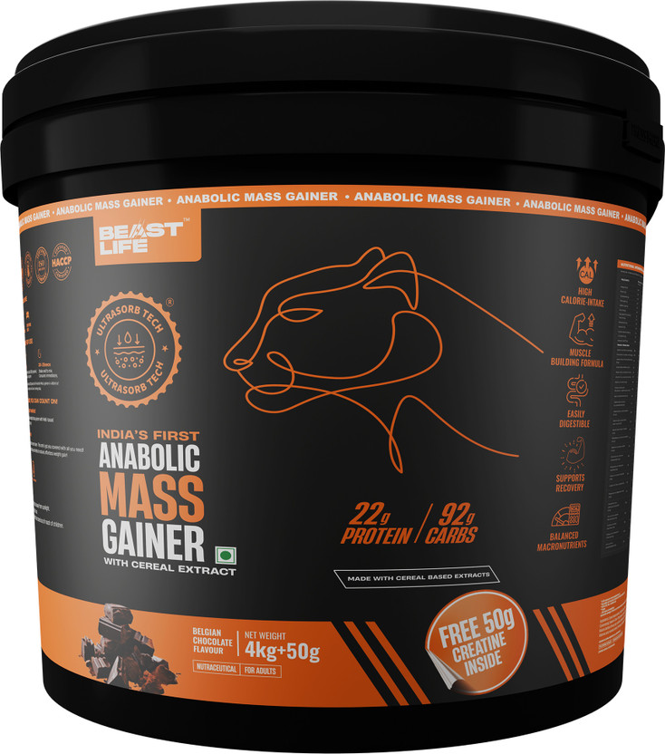 BeastLife High Protein Weight Gainer with Creatine Monohydrate (50g)| Cereal Based Extract Weight Gainers/Mass Gainers(4 kg, Belgian Chocolate)