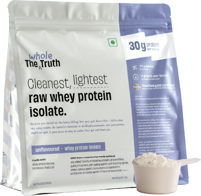 The Whole Truth Whey Protein Isolate Unflavoured|30g Protein per scoop|7.7g BCAA|100% Authentic Whey Protein(1 kg, Unflavoured Isolate 30g)