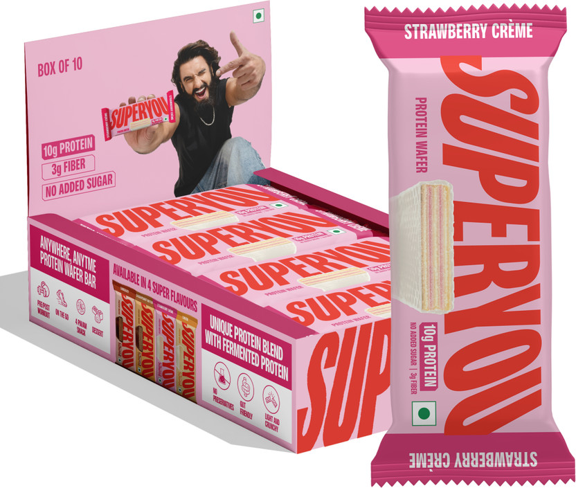 SUPERYOU Strawberry 10g Protein Wafer Bar with 3g Fiber and 0 added sugar - Pack of 10 Protein Bars(400 g, Strawberry)