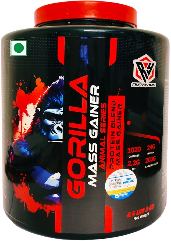 RY Nutrition Gorilla Mass Gainer For Bulk Mass Gain Calories 1020 (Strawberry 6.6Lbs) Weight Gainers/Mass Gainers(3 kg, Strawberry)