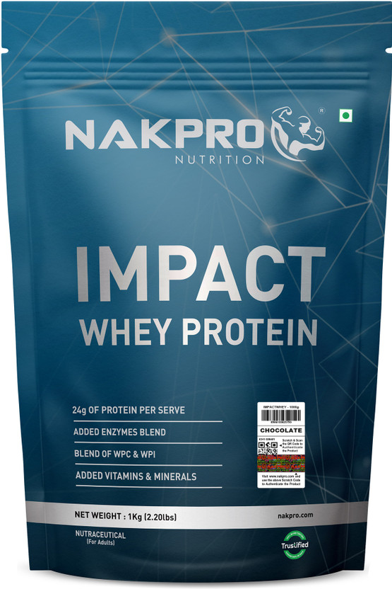 Nakpro Impact Whey Protein Isolate & Concentrate, 24g Protein, Trustified Certified Whey Protein(1 kg, Chocolate)