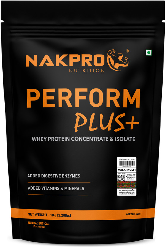 Nakpro PERFORM PLUS+ | 24g Protein | Concentrate & Isolate with Digestive Enzymes Whey Protein(1 kg, Malai Kulfi)