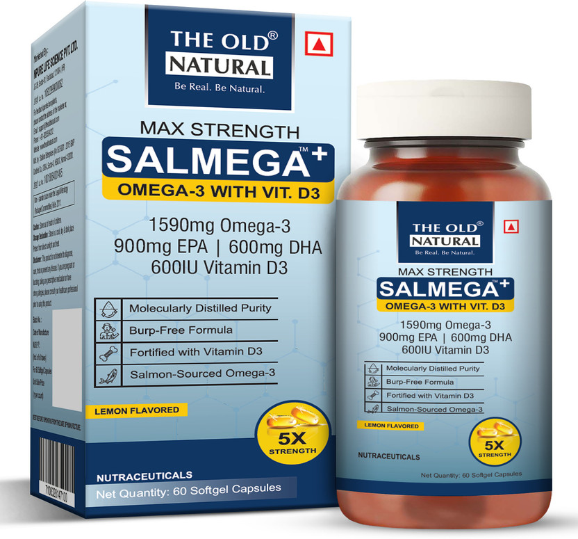 The Old Natural Salmega Omega-3 Fish Oil + 600 IU Vitamin D3 Wellness Supplement Nutrition Bars(60 Capsules, Neutral)