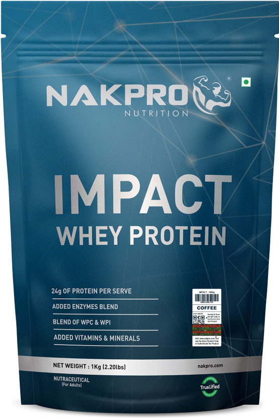Nakpro Impact Whey Protein Isolate & Concentrate, 24g Protein, Trustified Certified Whey Protein(1 kg, Coffee)