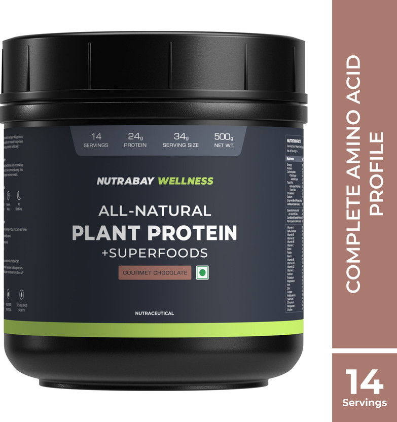 Nutrabay Wellness All-Natural Plant Protein Powder + Superfoods Plant-Based Protein(500 g, Gourmet Chocolate (Stevia))
