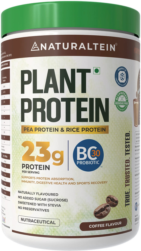 NATURALTEIN Plant Protein – 22g Protein with BC30™ Probiotic for Strength & Gut Health Plant-Based Protein(500 g, Coffee)
