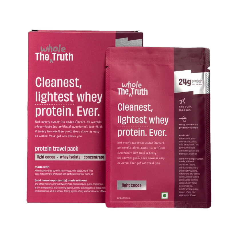 The Whole Truth Whey Protein Isolate + Concentrate | Light Cocoa | Pack of 6 |24g Protein/Sachet Whey Protein(210 g, Light Cocoa 24g)