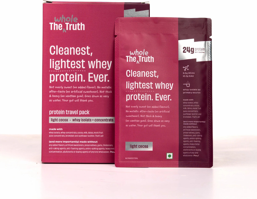The Whole Truth Whey Protein Isolate + Concentrate | Light Cocoa | Pack of 6 |24g Protein/Sachet Whey Protein(210 g, Light Cocoa 24g)