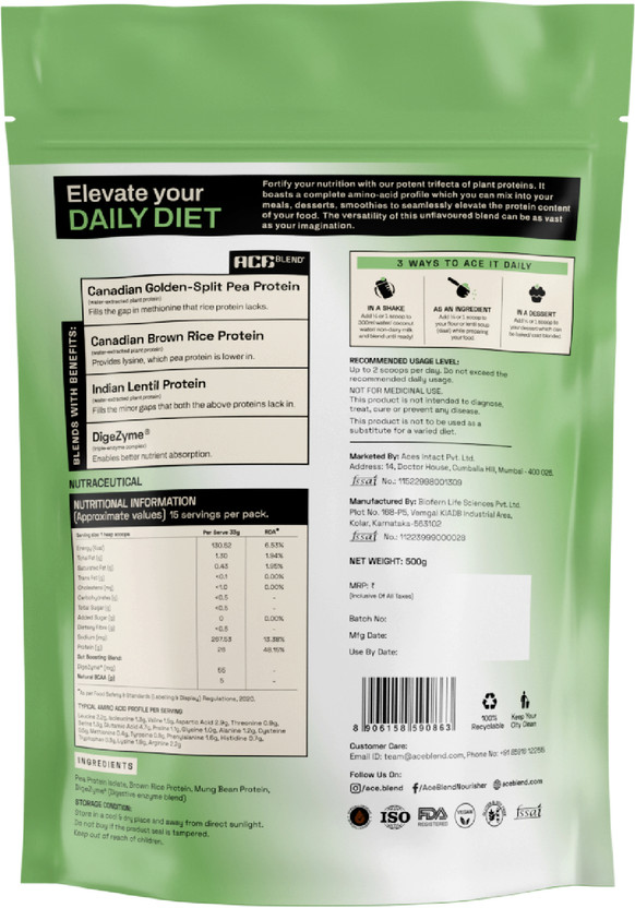Ace Blend Plant Protein Triple Complex | Brown Rice, Pea & Lentil | For Men & Women Plant-Based Protein(1 kg, Unflavoured)