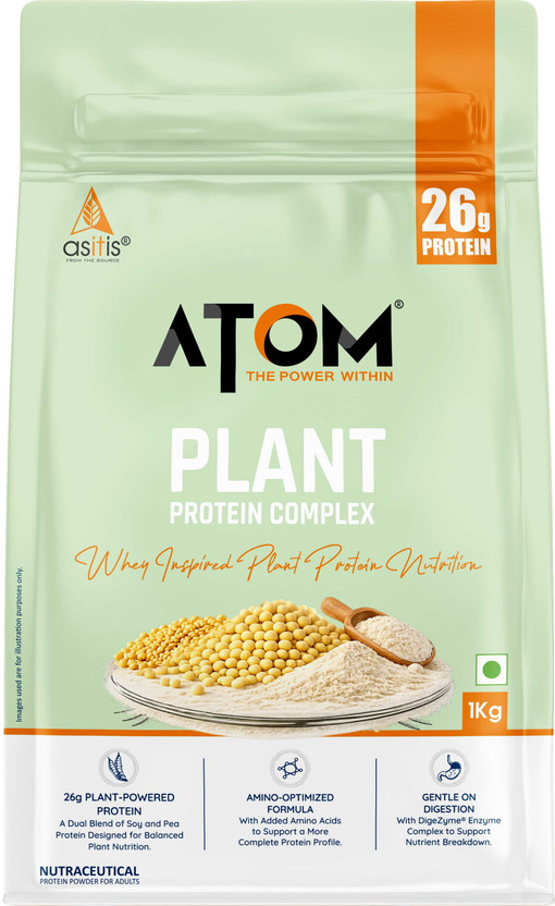 AS-IT-IS Nutrition ATOM Plant Protein Complex with Added Amino Acids, Ashwagandha & DigeZyme Plant-Based Protein(1 kg, Cafe Latte)