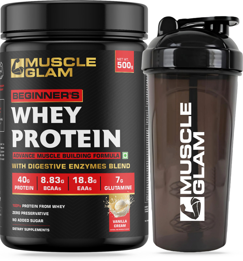 MUSCLEGLAM Beginner's Whey Protein with BCAA, EAA, & Digestive Enzymes with Protein Shaker Whey Protein(500 g, Vanilla Cream)