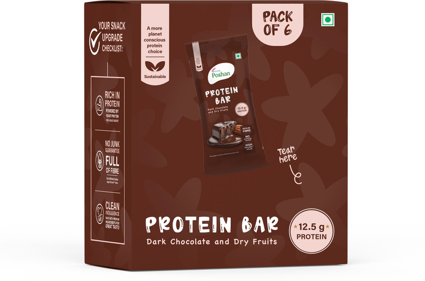 Acme Acme Poshan Protein Bar Dark Chocolate and Dry Fruits 50gms, 12.5gms protein-Pack of 6 Protein Bars(300 g, Dark Chocolate) - Flipkart Deal