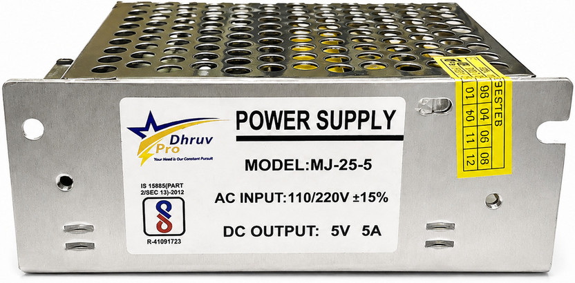 DHRUV-PRO Led Indicator 5 Volt / 5 Amp DC Output Power Supply Metal Case Type LED Driver Power Supply Adaptor AC Input 100/240vAC 25 Watts Computer PSU with 3 SATA Cables(Silver)