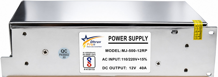 DHRUV-PRO Led Indicator 12 Volt / 40 Amp DC Output Power Supply Metal Case Type LED Driver Power Supply Adaptor for CCTV Camera AC Input 100/240vAC 480 Watts Computer PSU with 7 SATA Cables(Silver)